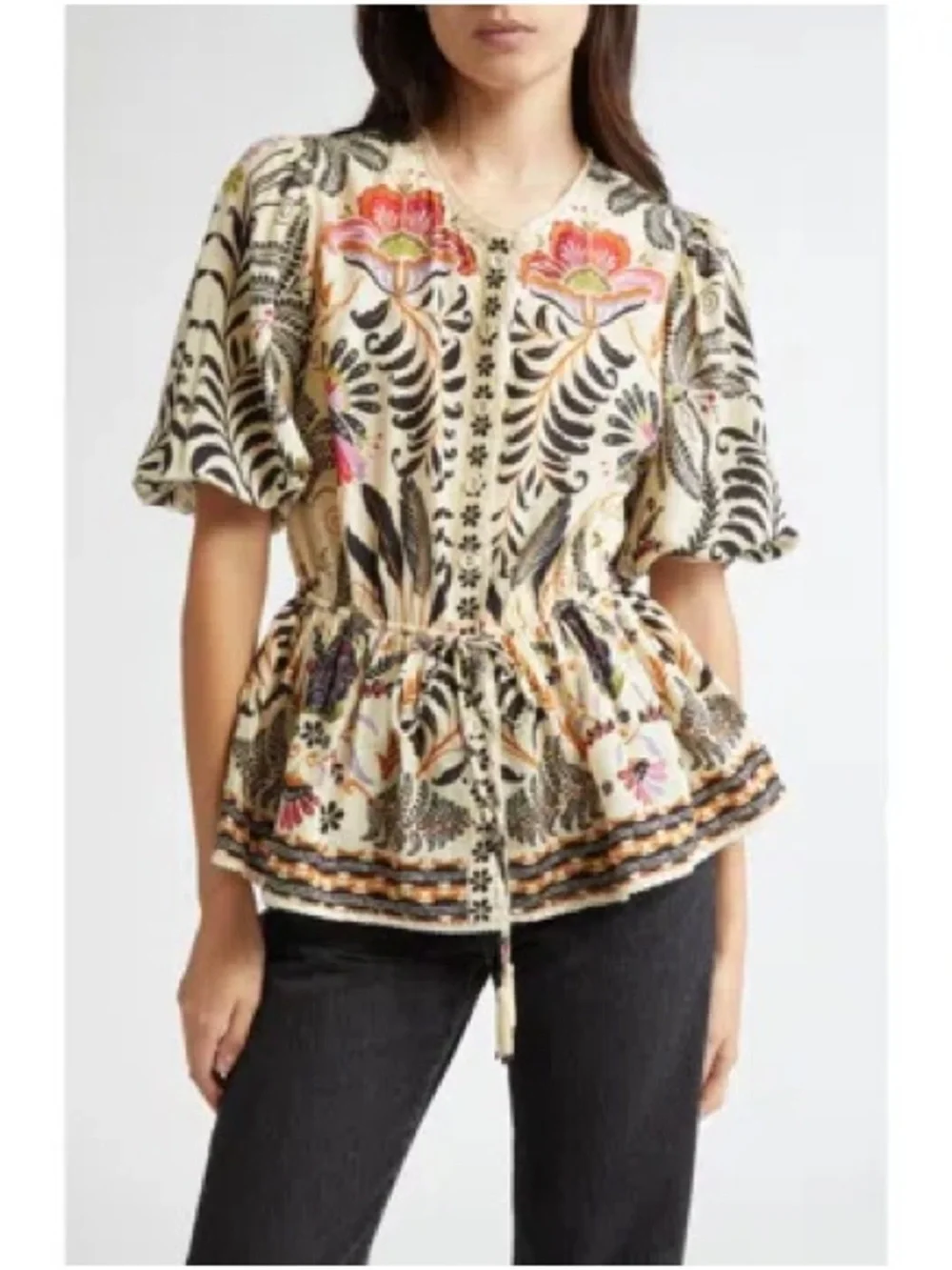 FARM RIO Embroidered Floral Drawstring Peplum Top — Cream/Multi